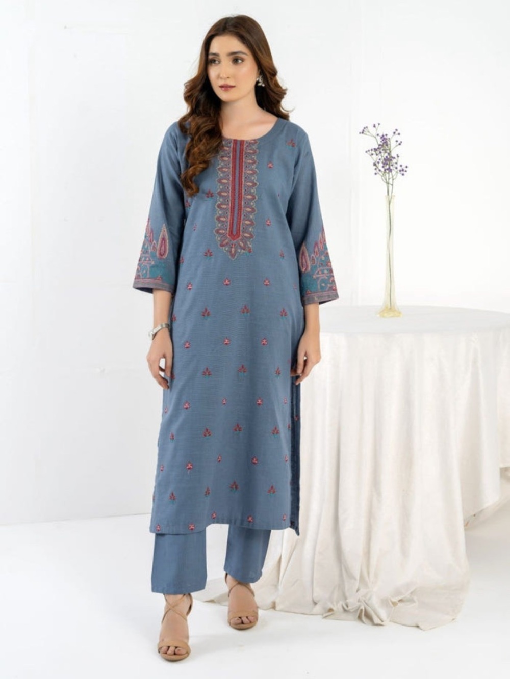 Embroidered Blue Cotton Kurta Set - Women's Tunic & Pants
